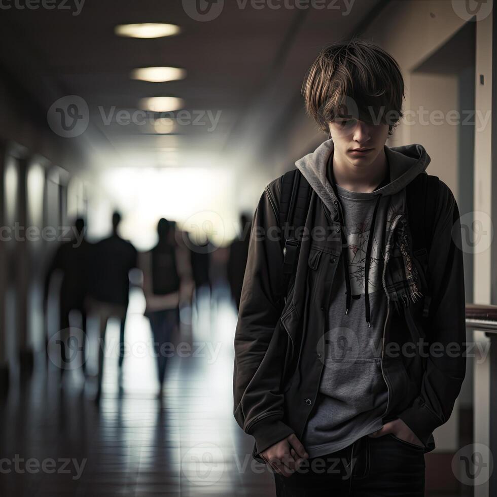 Boy Standing in Hallway With Hands in Pockets photo