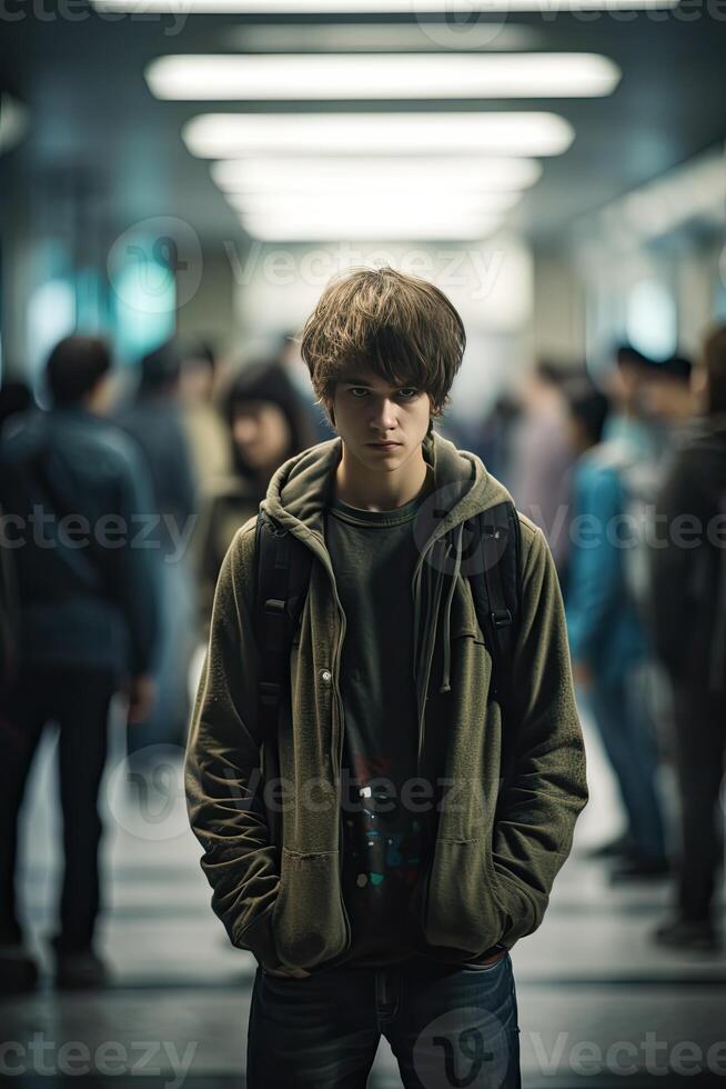 Man Standing in Hallway With Hands in Pockets photo