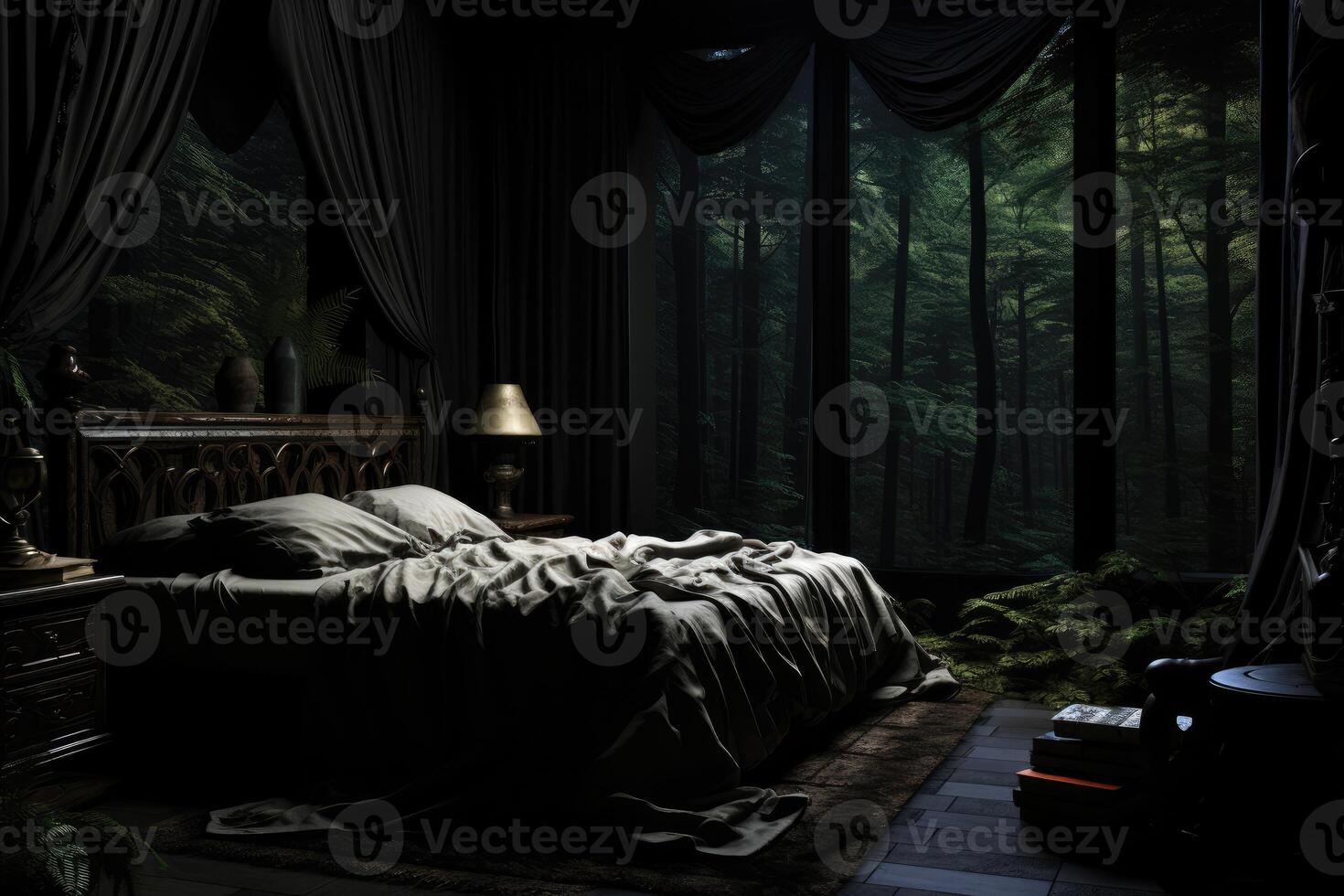 Dimly Lit Bedroom With Bed and Lamp photo