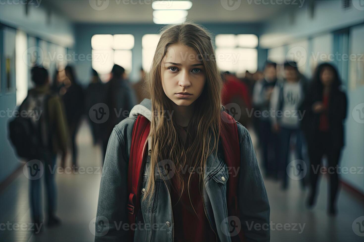 Woman Standing in Crowded Hallway photo
