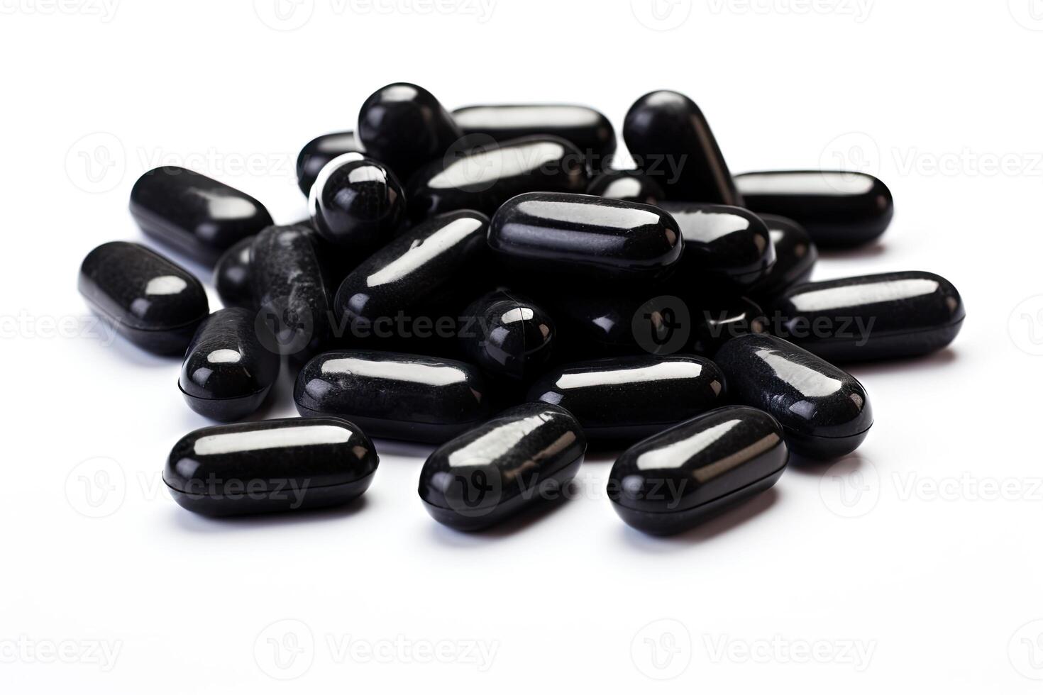 Heap of Black Pills on White Background photo