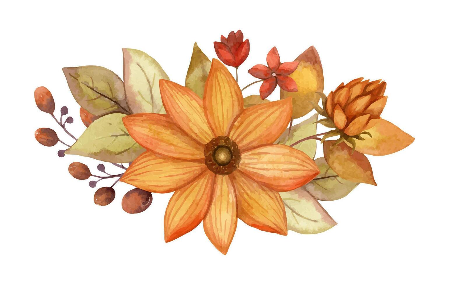 Fall flower watercolor arrangement with orange Rudbeckia. Hand drawn floral bouquet with blooming in golden and muted colors. Perfect for autumn botanical invitation and greeting card designs. vector