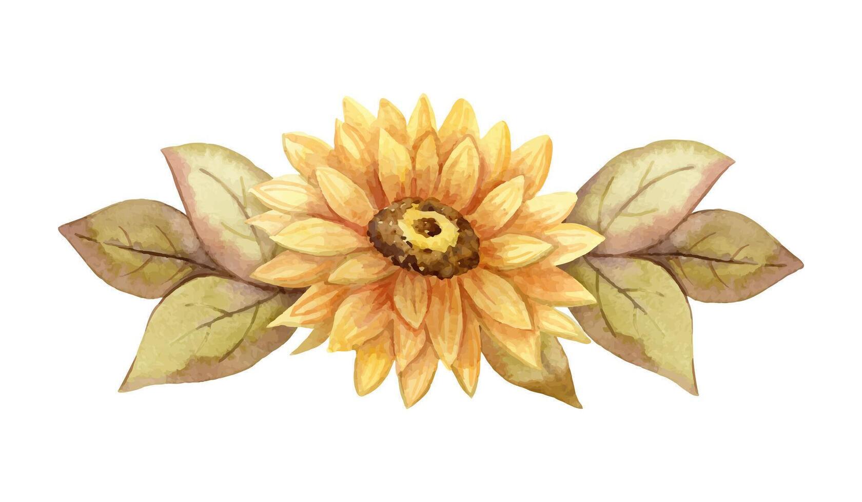 Fall flower watercolor oblong arrangement with yellow Sunflower. Hand drawn floral bouquet with golden and muted colors. Perfect for autumn botanical invitation and card designs. vector