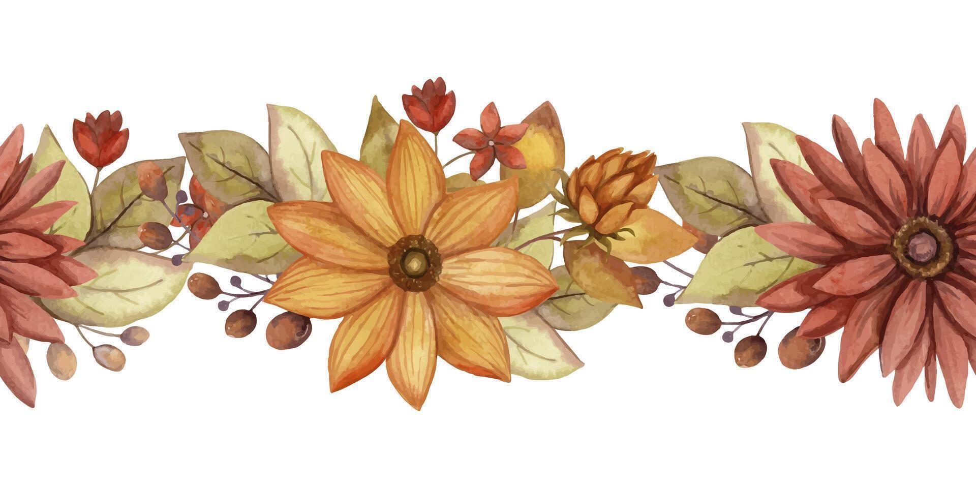 Seamless border with autumn watercolor flower and leaf. Hand drawn floral arrangement with blooming in rustic style and orange color. Perfect for fall botanical frame and card designs. vector