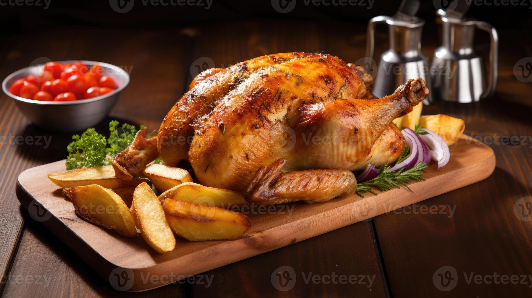 Roasted Chicken and French Fries on Cutting Board photo