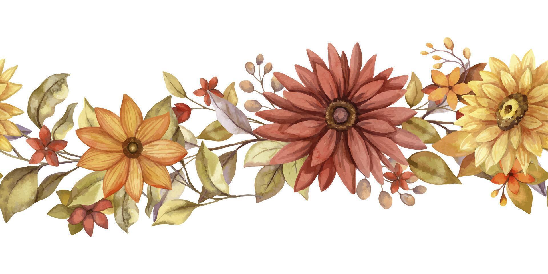 Seamless border with autumn watercolor flower and leaf. Hand drawn curve arrangement with blooming in rustic style and orange color. Perfect for fall botanical frame and card designs. vector