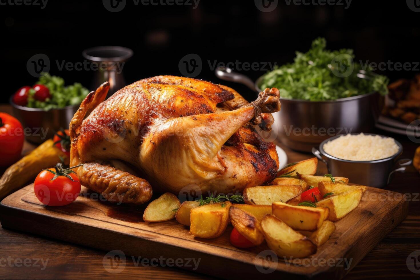 Turkey with Potatoes and Tomatoes on Cutting Board photo