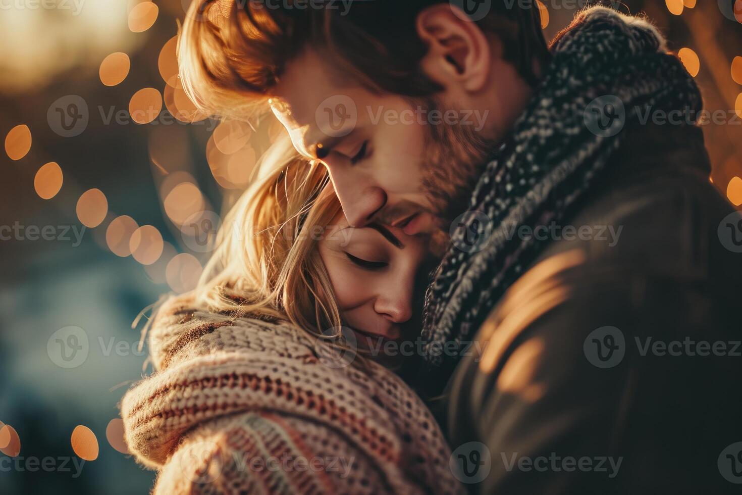 Couple Embracing in Front of String Lights photo
