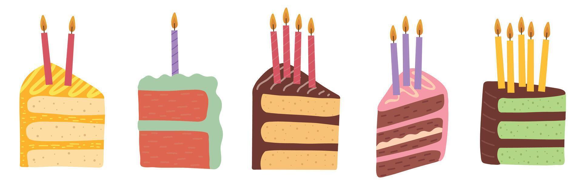 Cakes slices pieces with candles for one, two, three, four and five years isolated on white. Set of cakes. Birthday party. for postcards and stickers vector