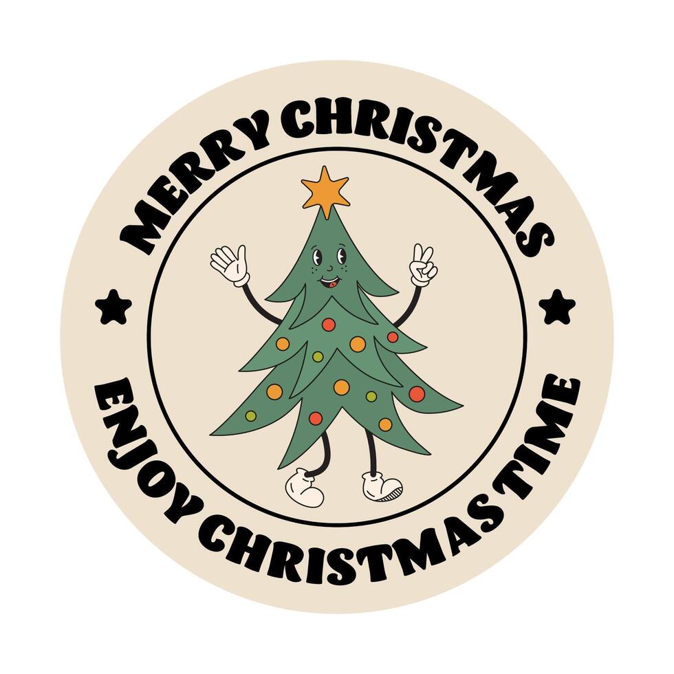 Christmas label, round sticker with Christmas tree in retro groovy style. Christmas badge with Joyful holidays greeting. Cute Christmas and New Year round gift tags for gifts, invitation, print, card. vector