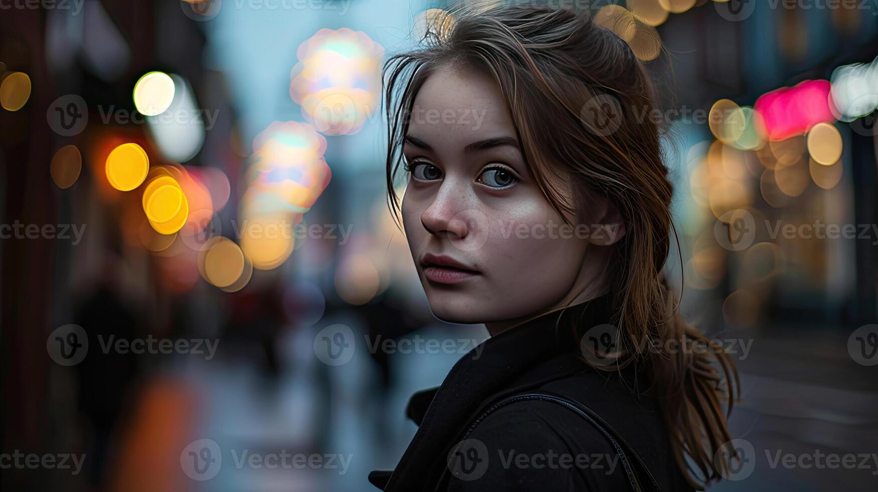 Woman Standing on City Street at Night photo
