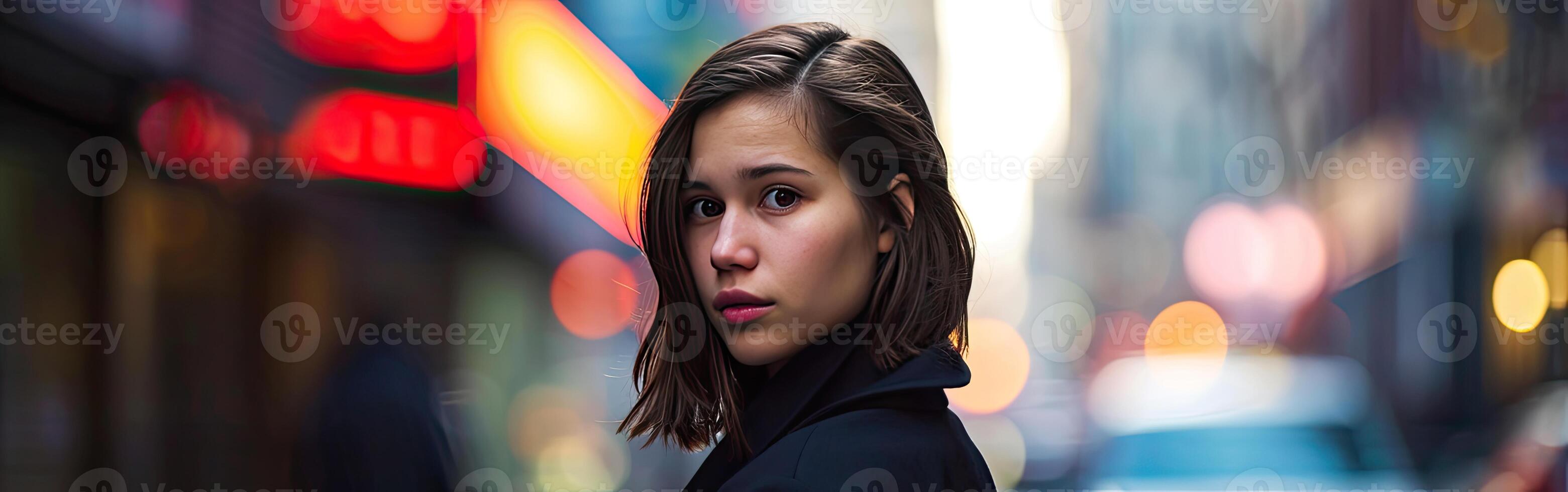Woman Standing on City Street at Night photo