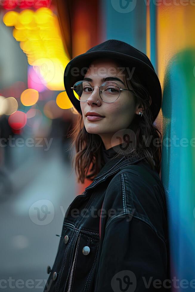 Woman Wearing Glasses and Hat Leaning Against Wall photo