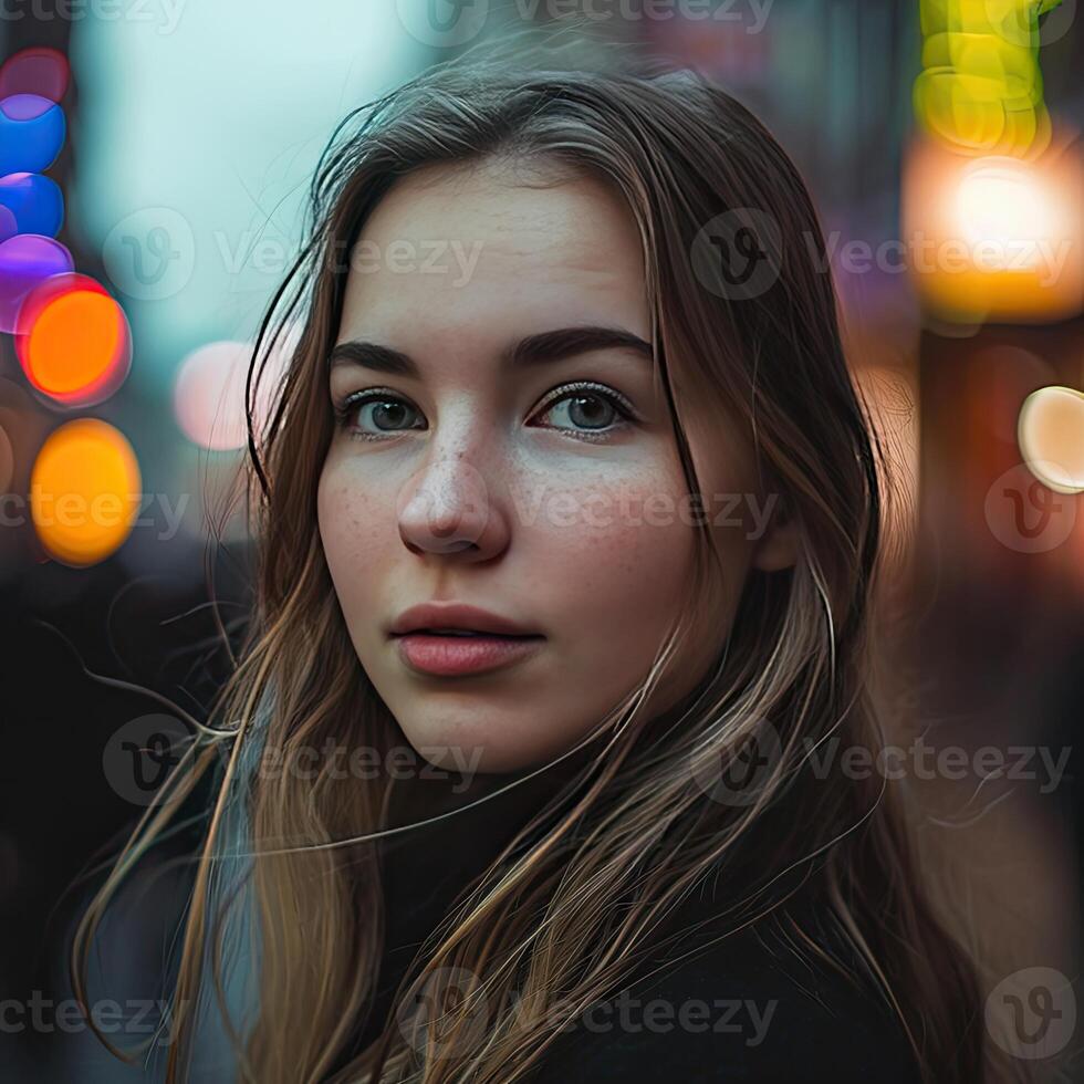 Woman Standing on City Street at Night photo