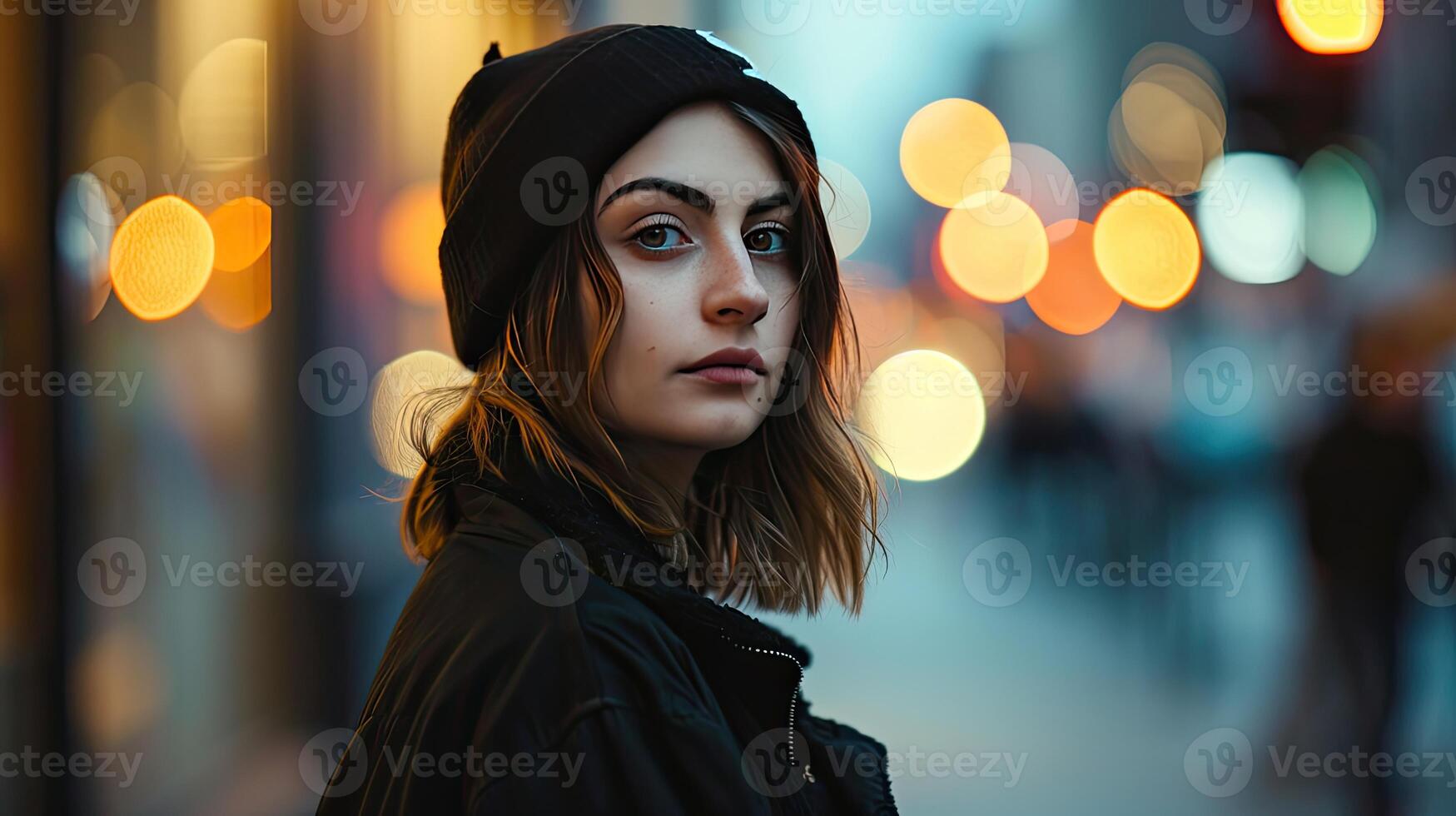 Woman in Hoodie on City Street photo