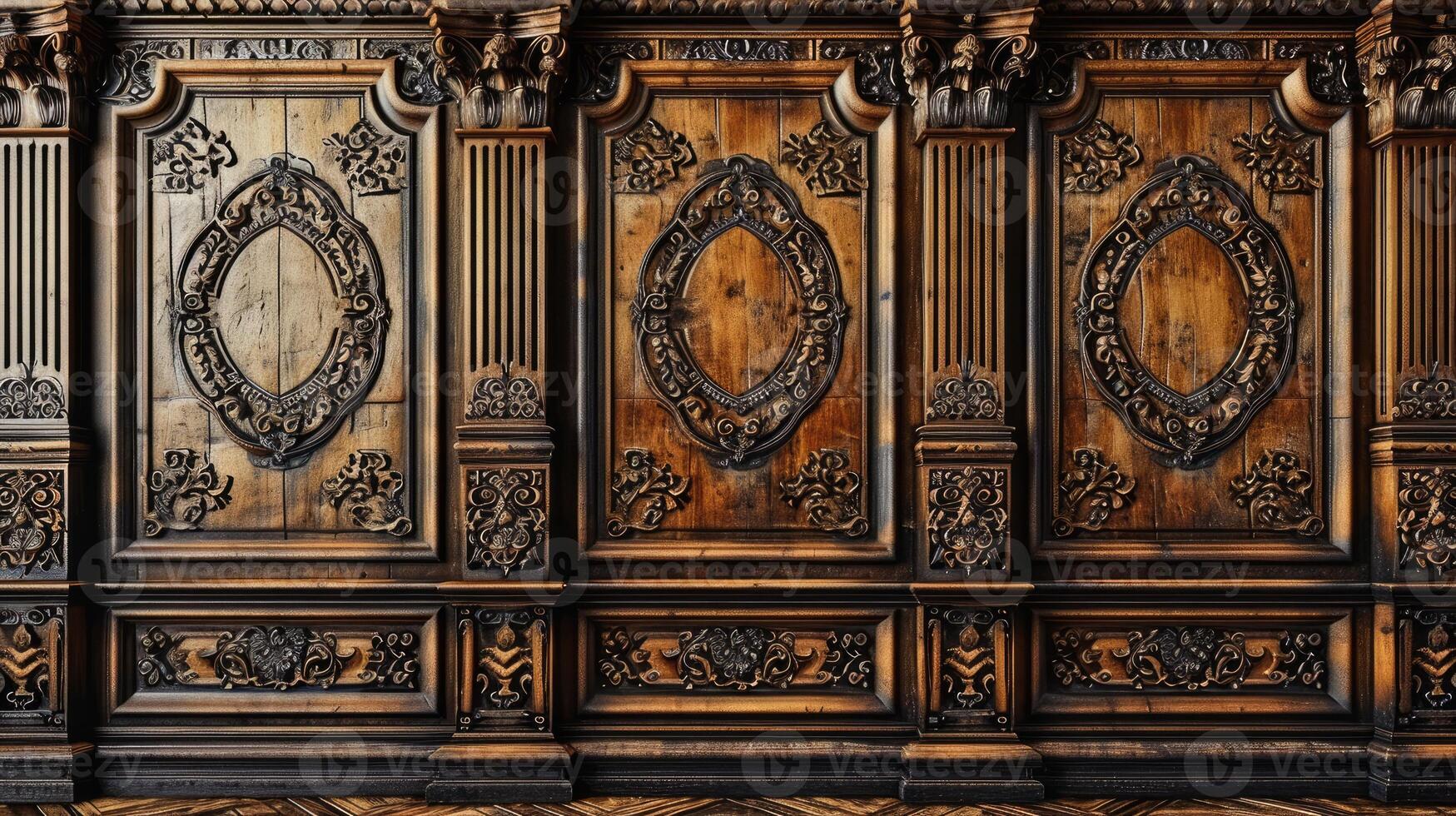 Intricately Carved Wooden Wall With Ornate Designs photo