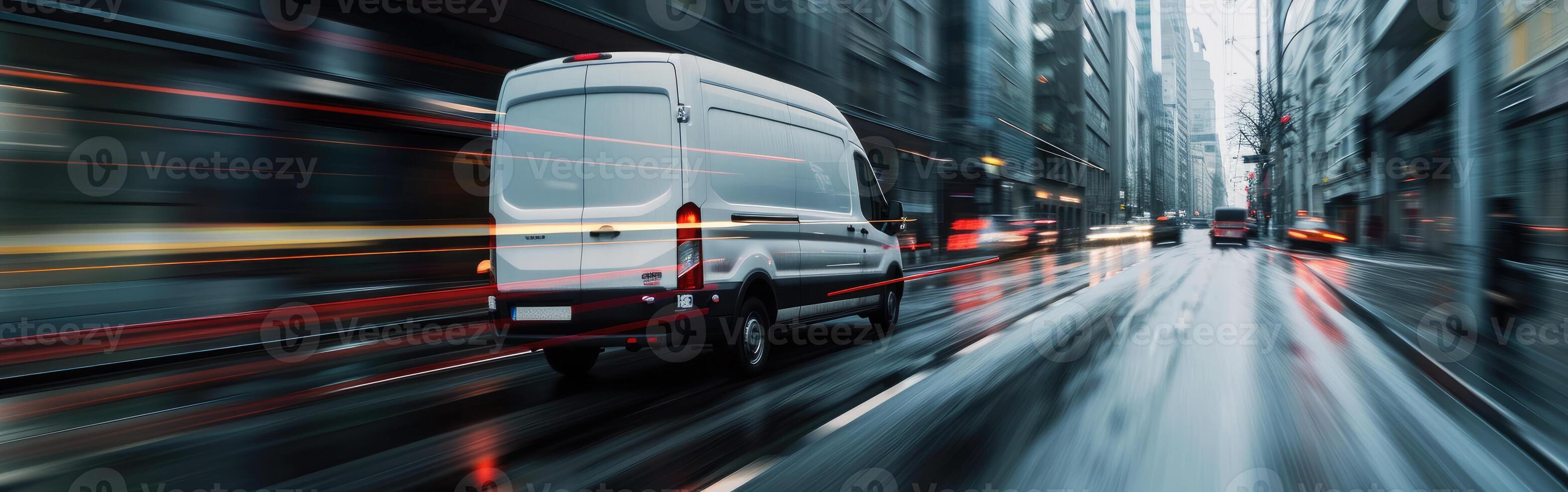 White Van Driving Next to Tall Buildings photo