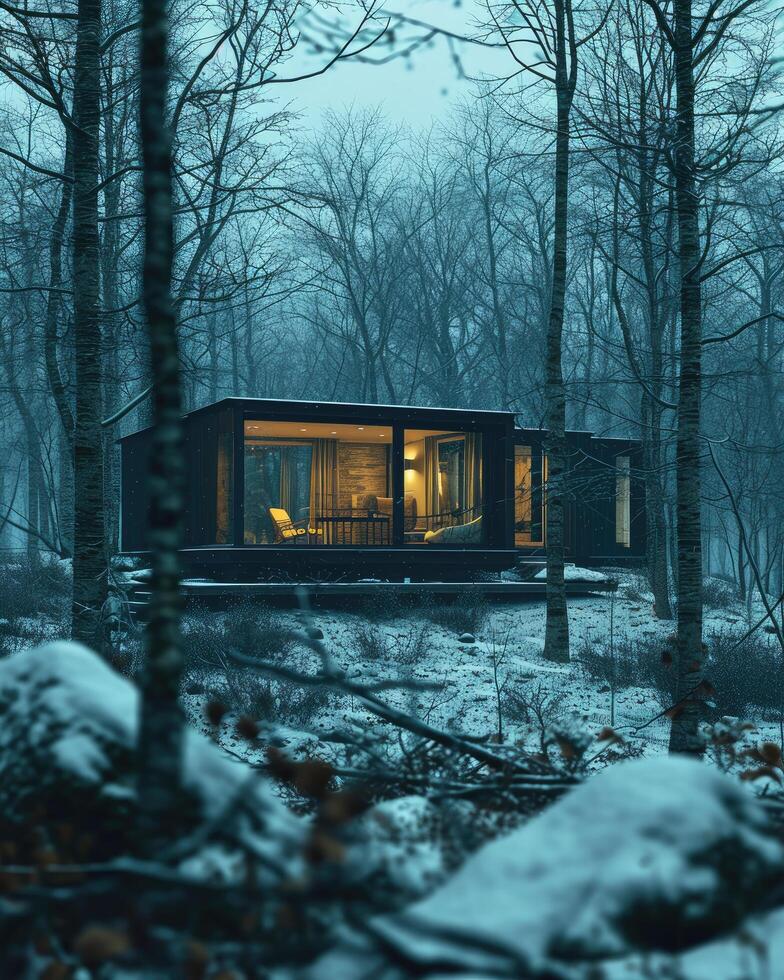 Cabin in the Woods Covered in Snow photo