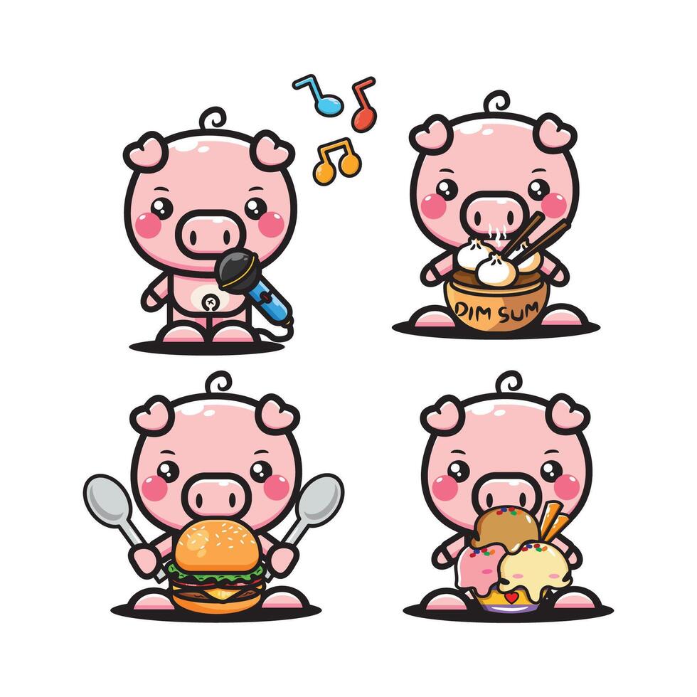 Set of cute cartoon pig characters with different food. illustration. vector