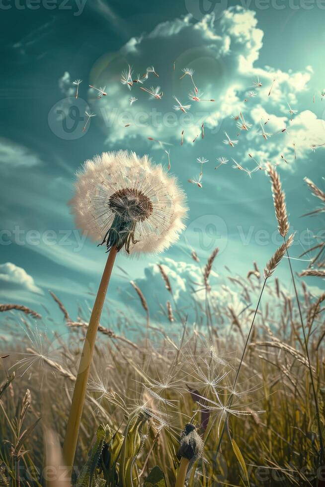 Dandelion Blowing in Wind in Field photo