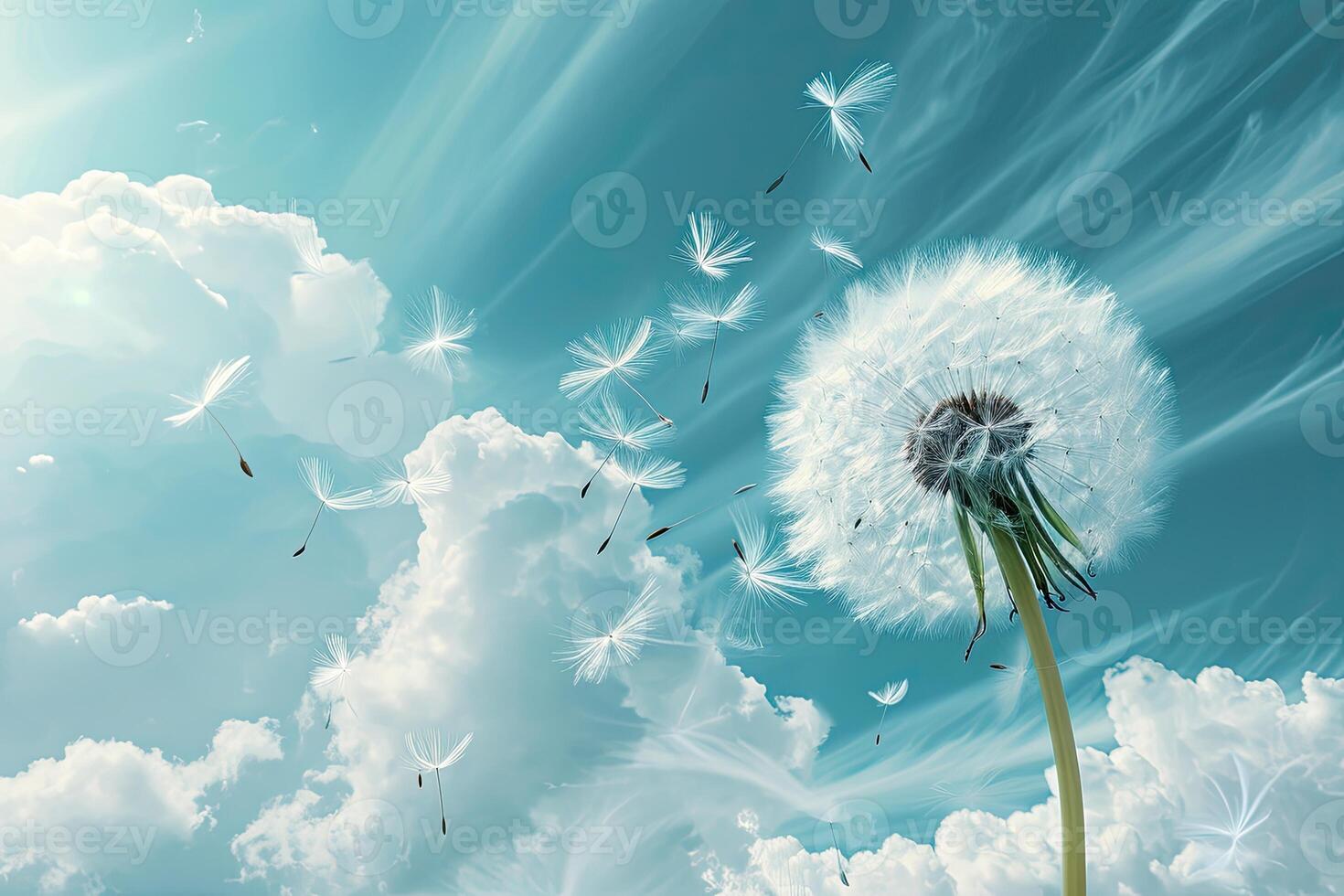 Dandelion Blowing in Wind on Sunny Day photo