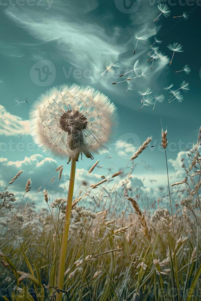 Dandelion Blowing in Wind in Field photo