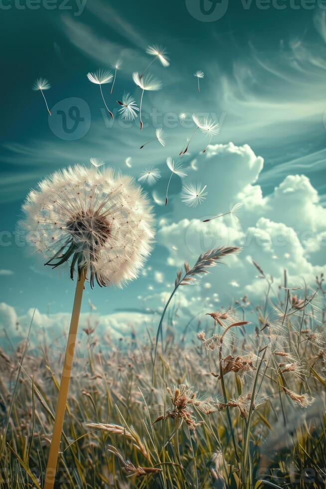 Dandelion Blowing in Wind in Field photo