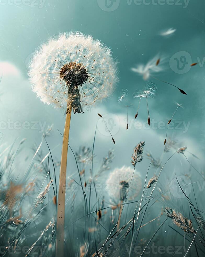 Dandelion Blowing in Wind on Cloudy Day photo