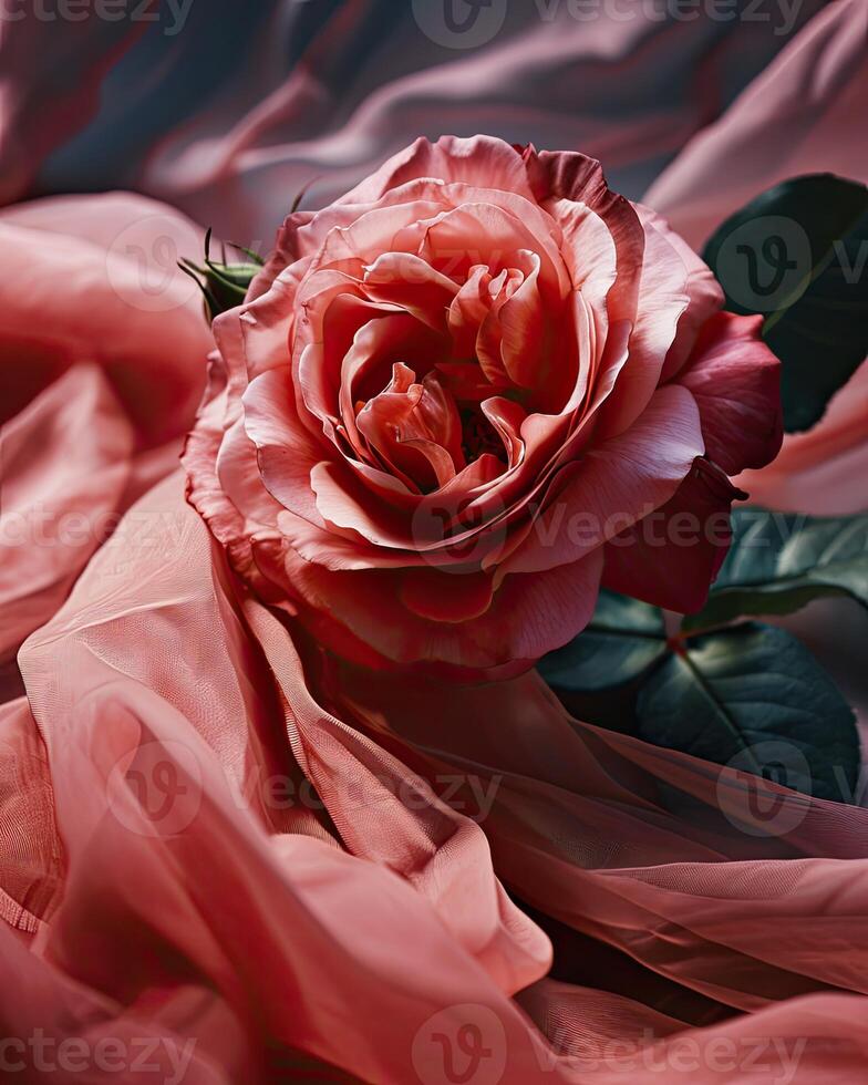 Pink Rose With Green Leaves on Pink Background photo