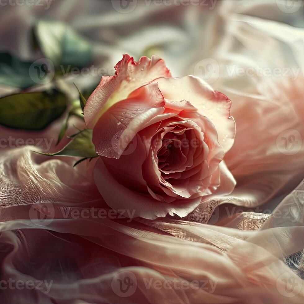 Pink Rose Resting on Bed photo
