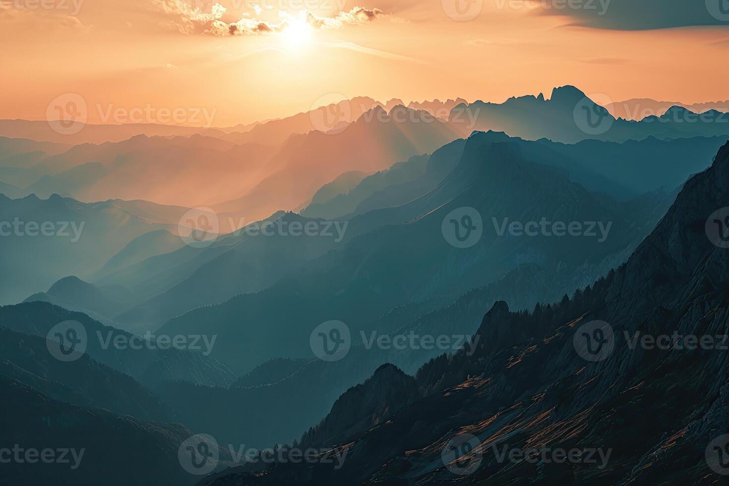 Sun Setting Over Mountain Range photo