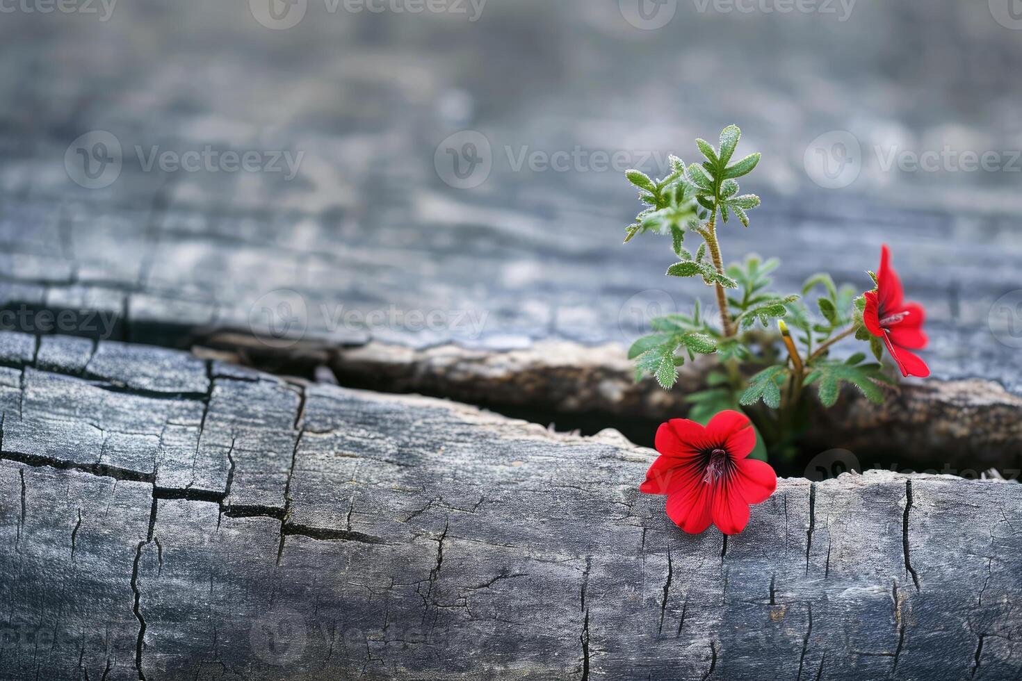 Vibrant Red Flower Emerging From Tree Trunk Crack photo
