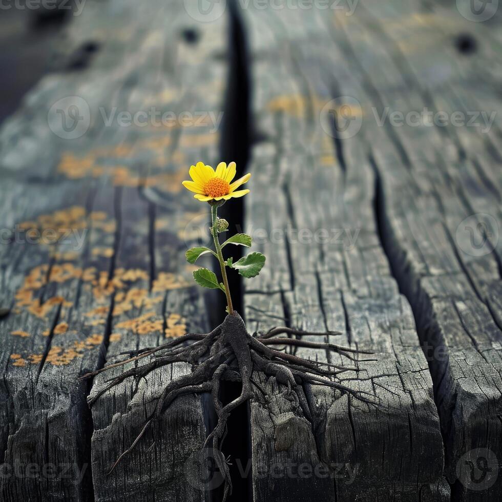 Yellow Flower Growing From Wood photo