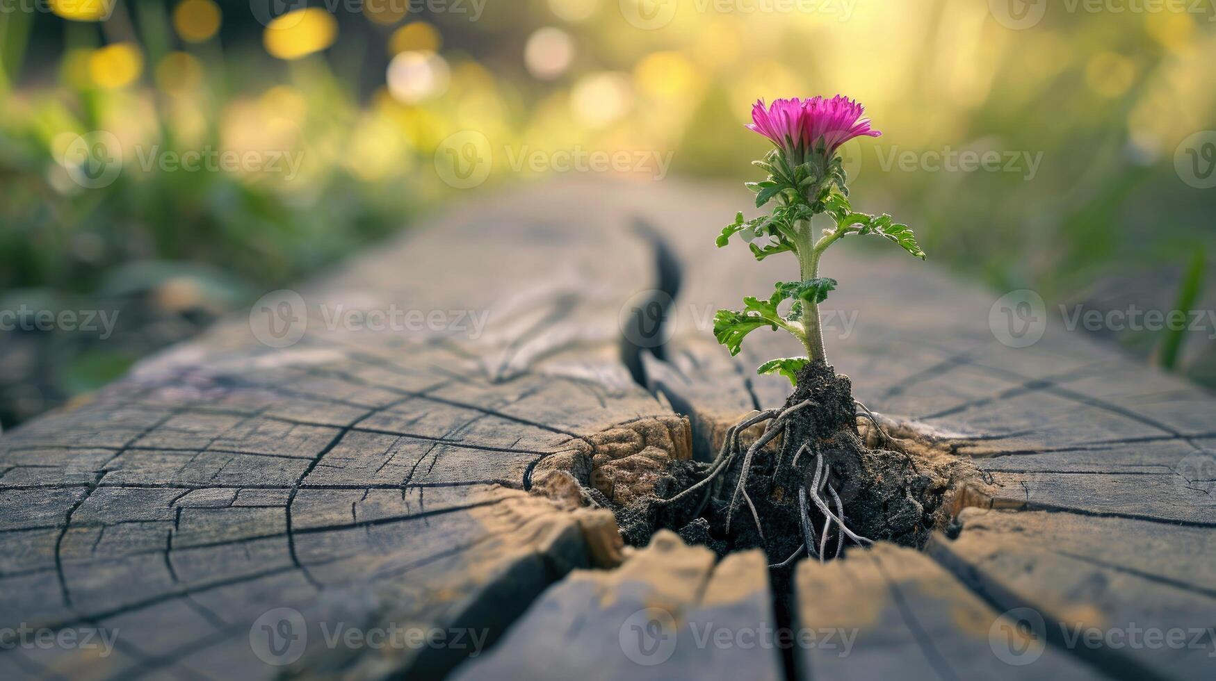 Small Pink Flower Grows From Tree Stump Crack photo