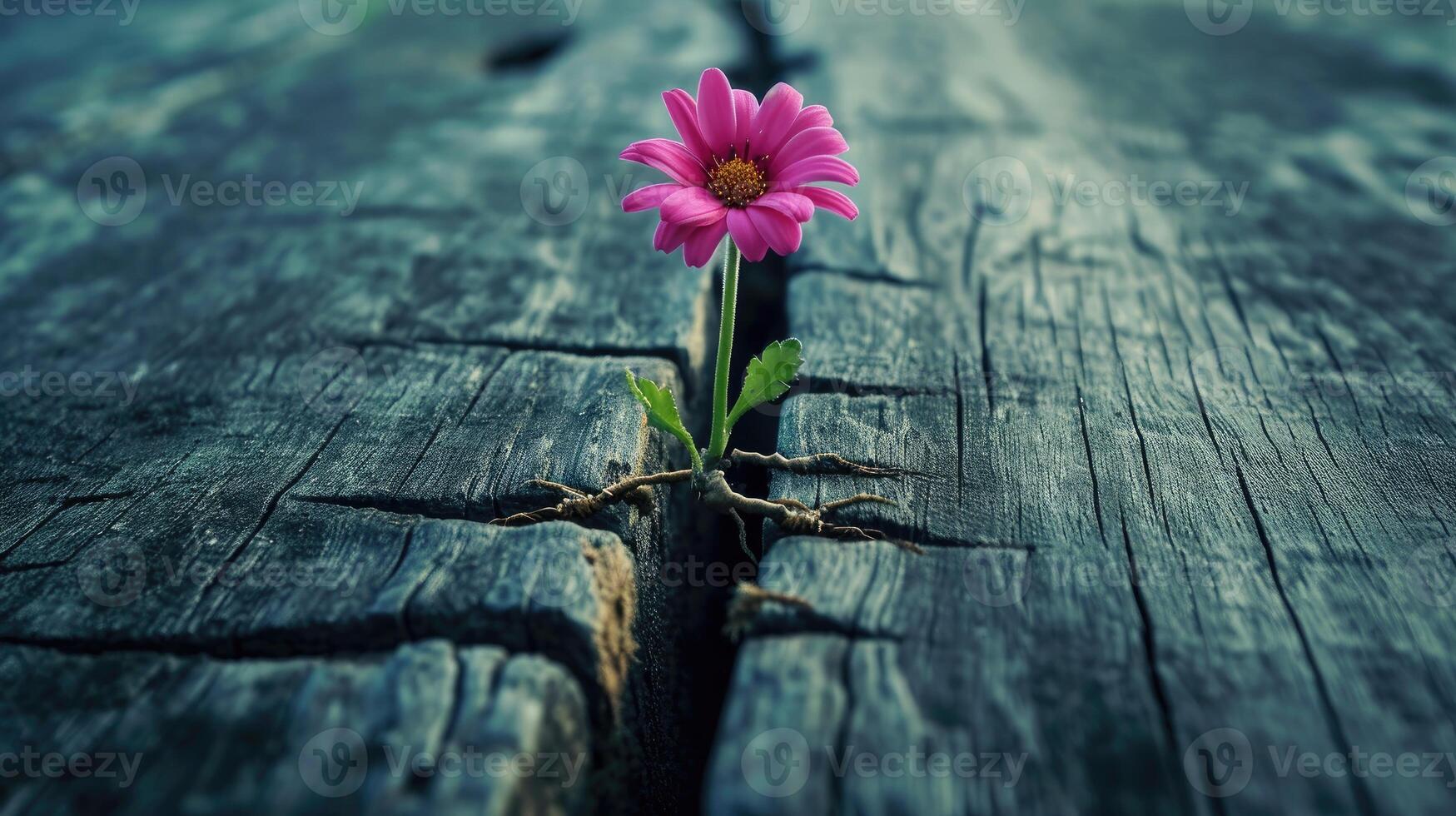 Pink Flower Emerging From Crack in Wooden Surface photo