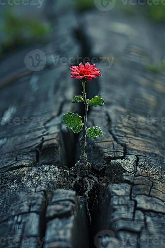A Red Flower Emerging From a Tree Trunk Crack photo