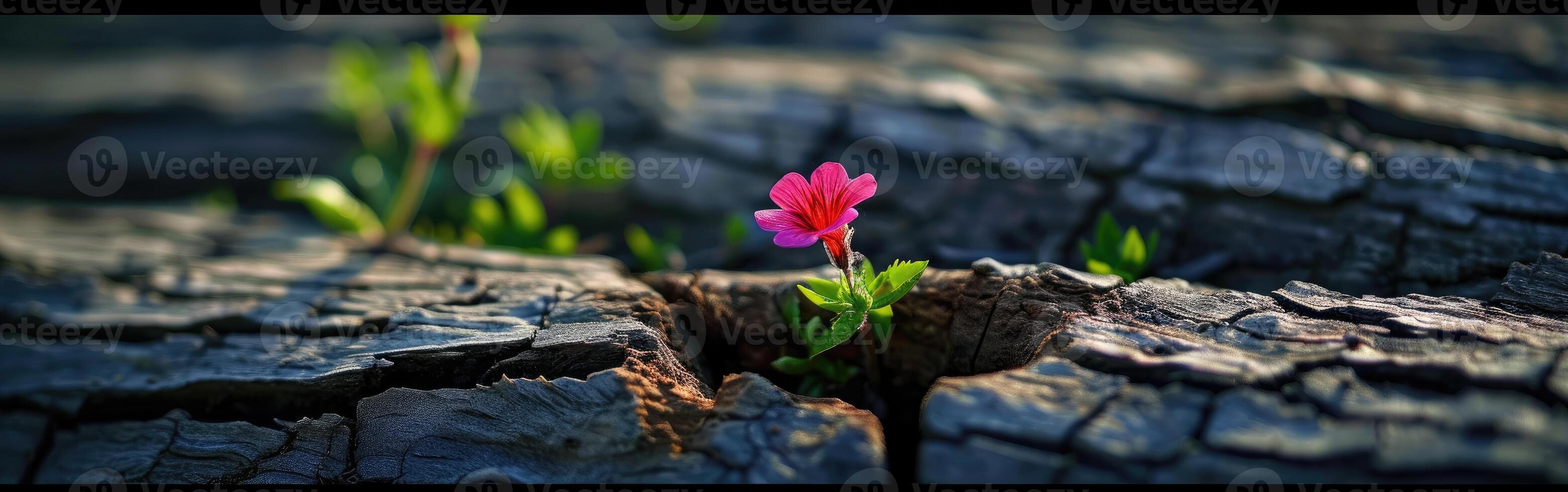 Small Pink Flower Growing in Ground Crack photo