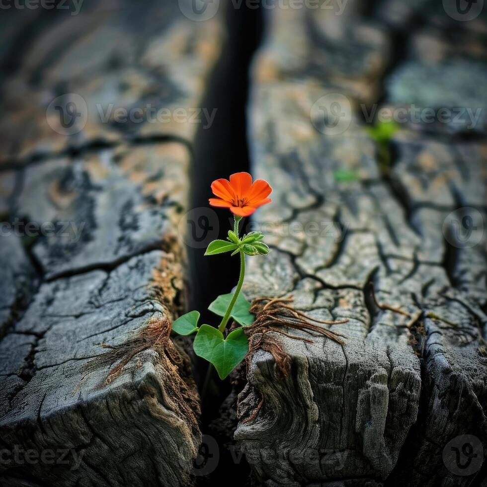 Flower Emerging From Crack in Tree Trunk photo