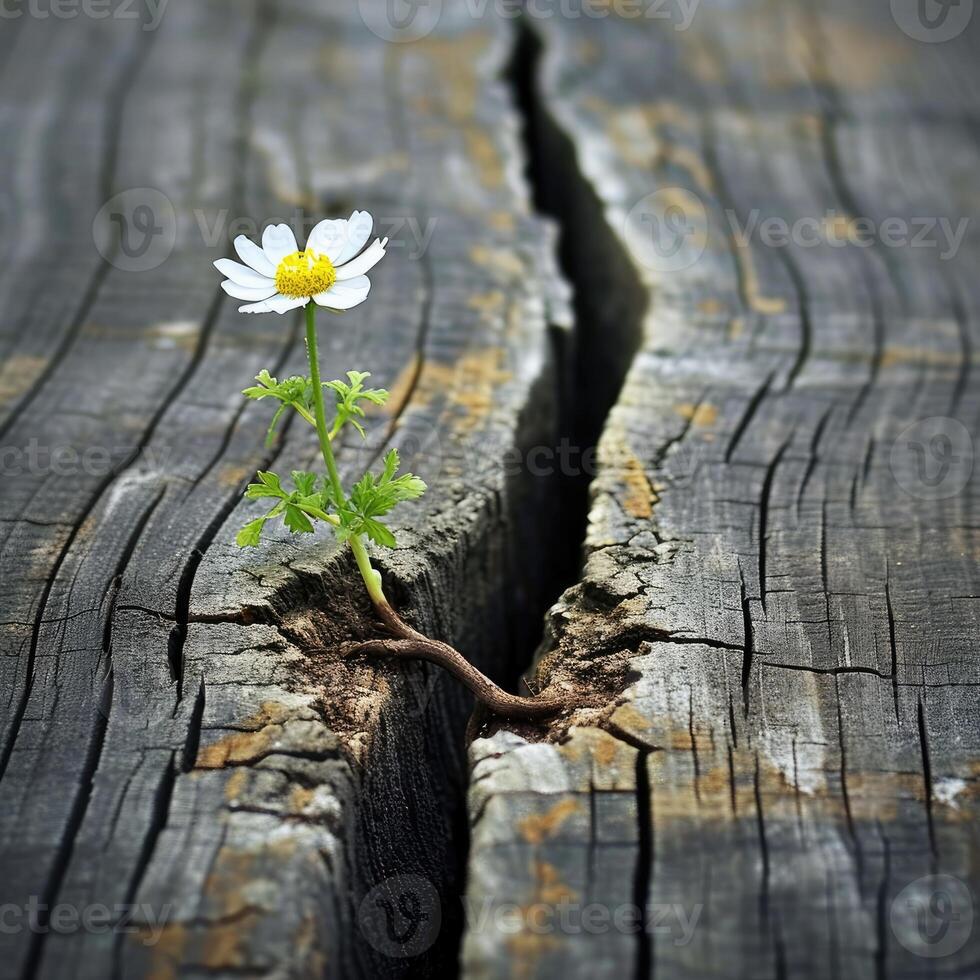 A Flower Emerging From a Crack in a Wooden Surface photo