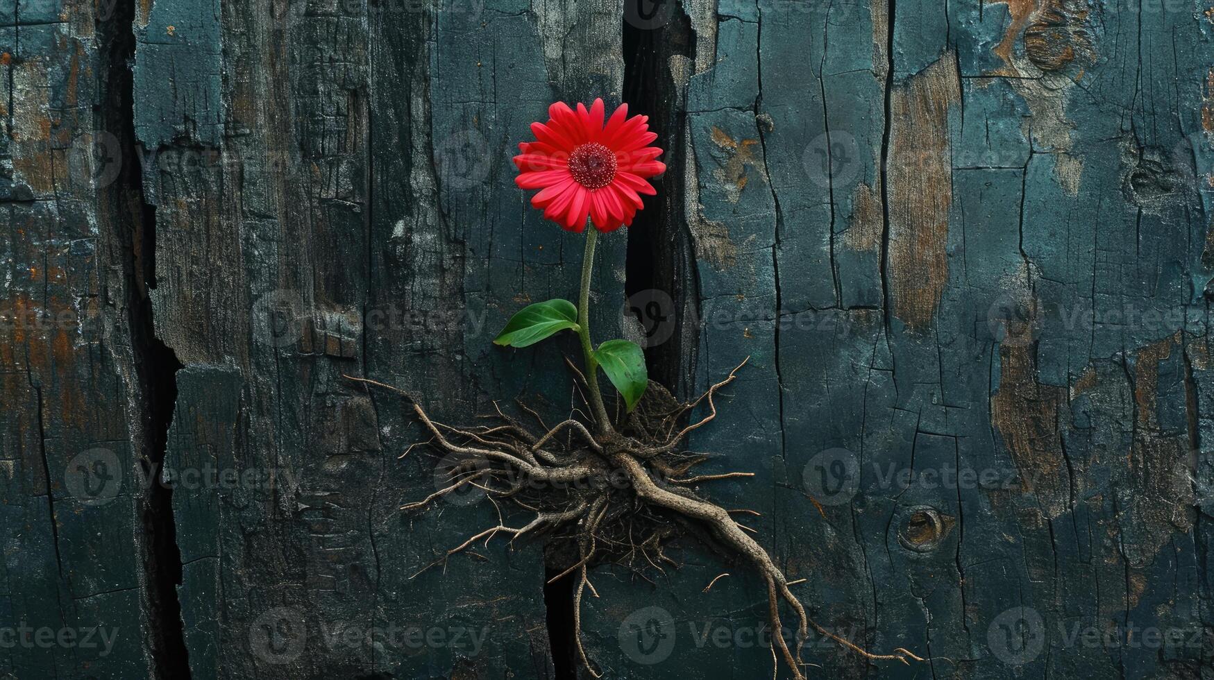 Red Flower Growing Through Wood Crack photo