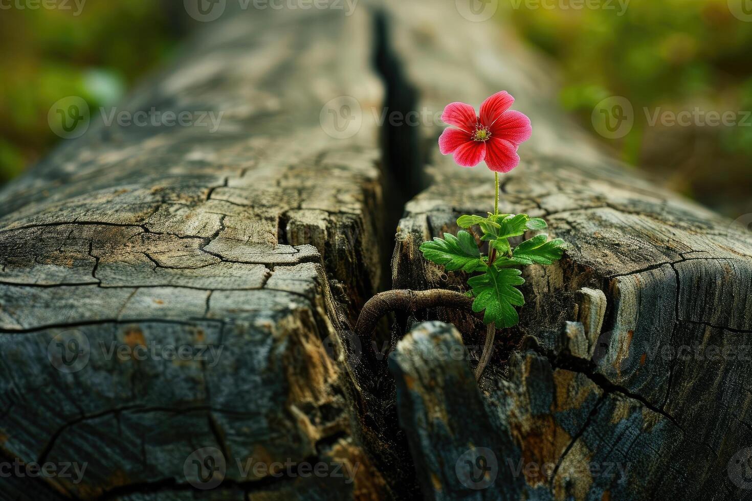 Red Flower Thriving in Tree Trunk Crack photo