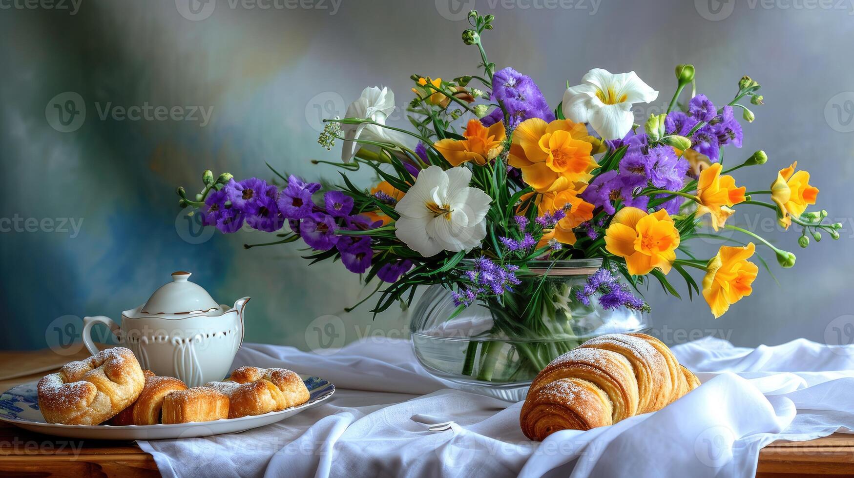 Flowers and Croissants on Table photo