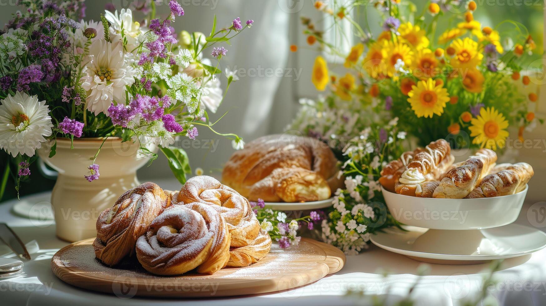 Table Adorned With Food and Flowers photo