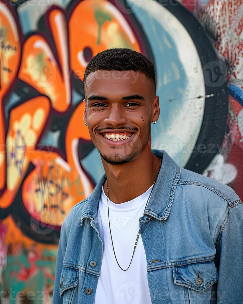 Man Standing in Front of Graffiti Covered Wall photo
