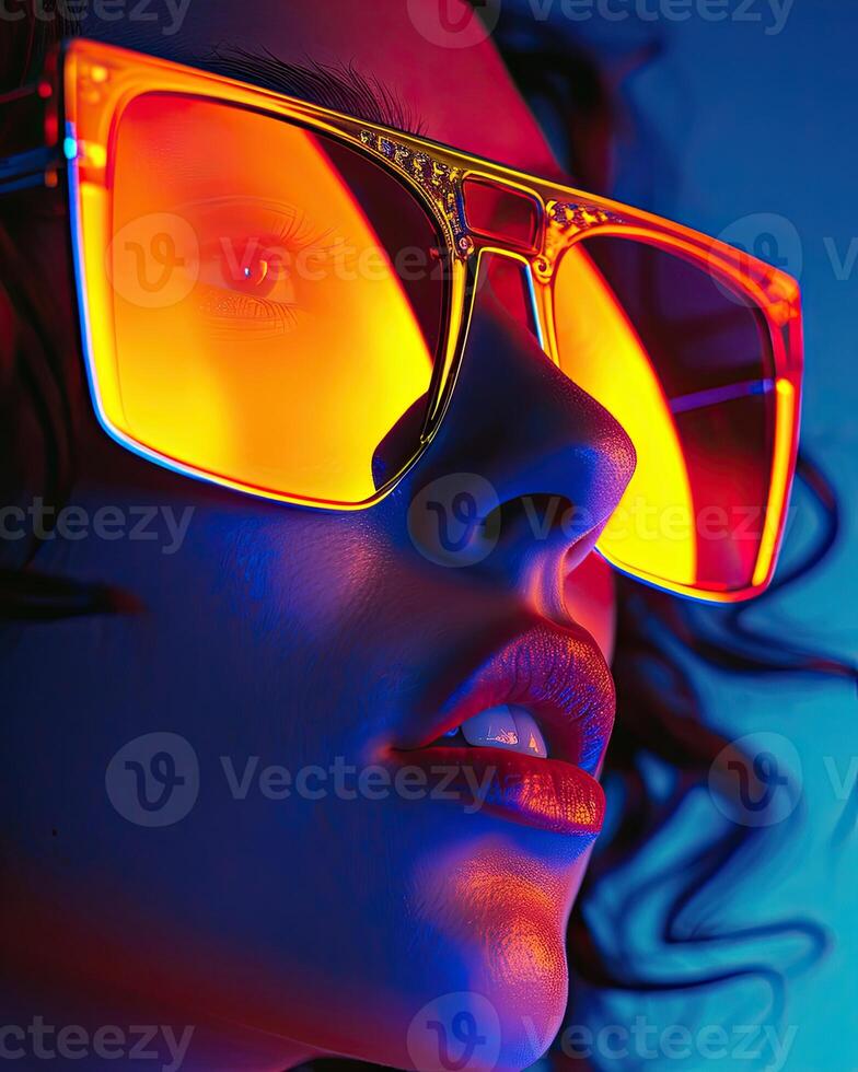 Woman Wearing Yellow Glasses on Blue Background photo