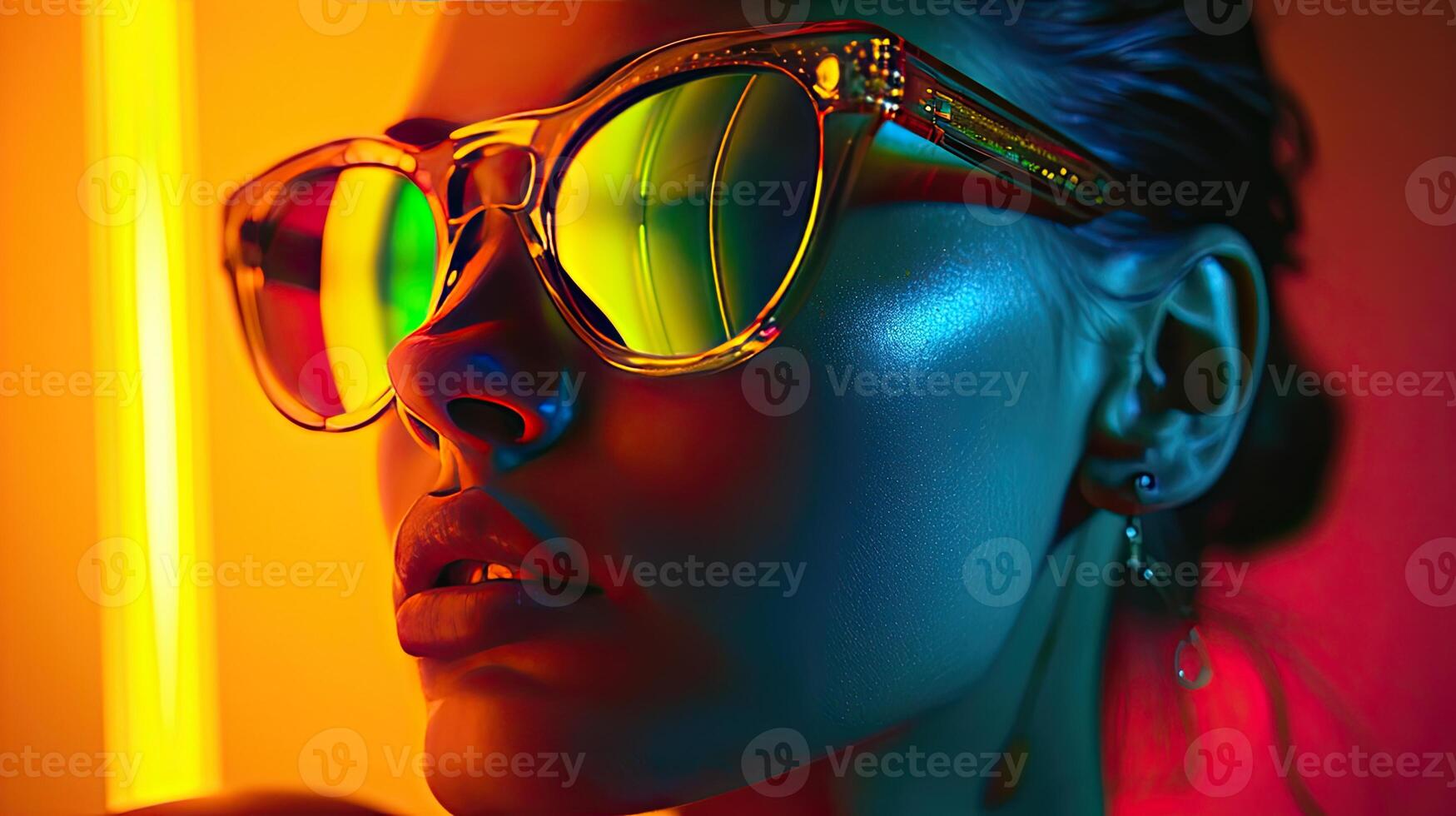 Woman in Mirrored Sunglasses in Neon Room photo