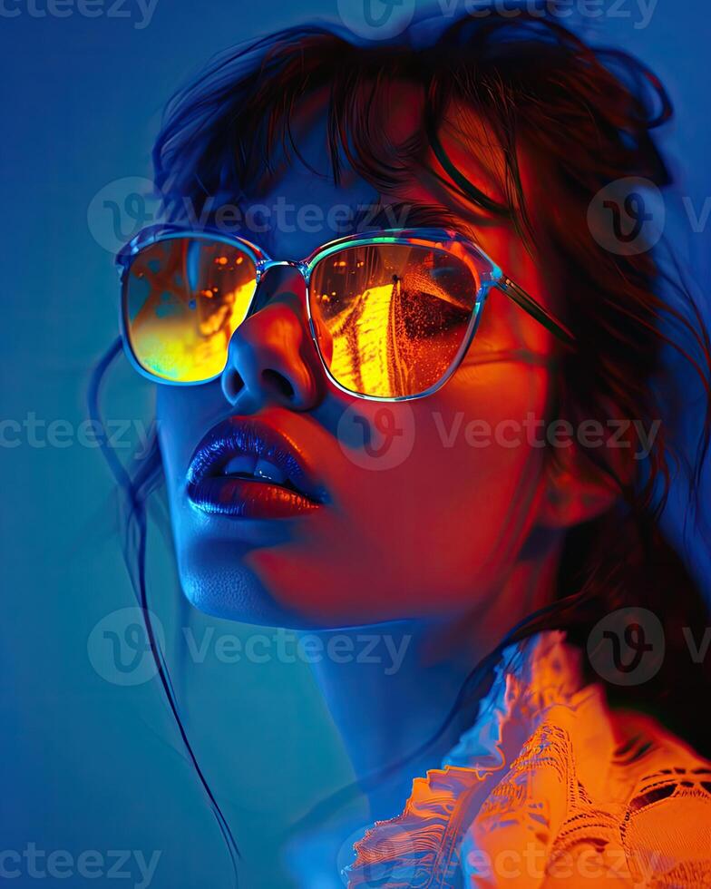 Woman Wearing Sunglasses With Blue Background photo