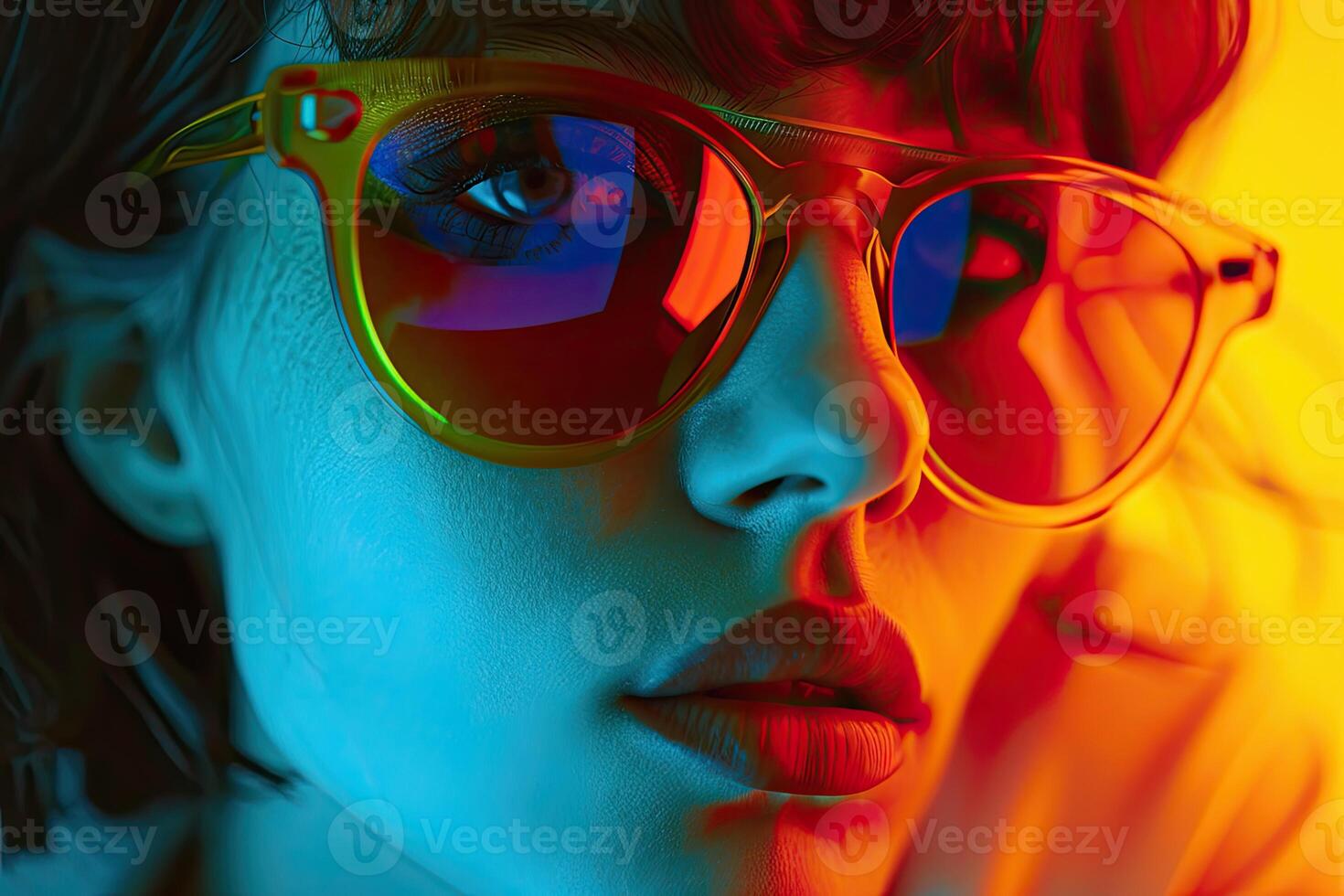 Woman Wearing Sunglasses With Neon Background photo