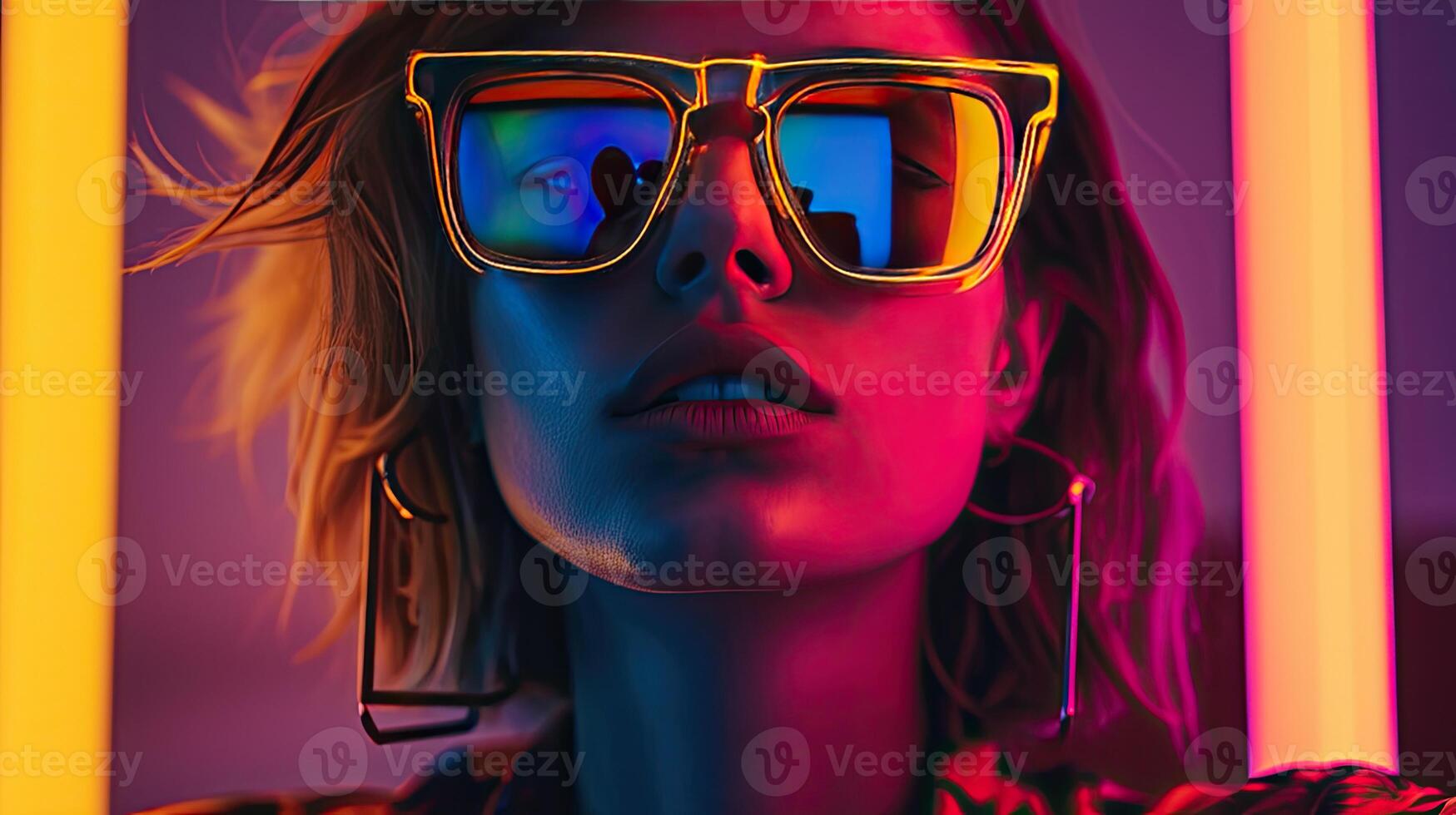 Stylish Woman With Sunglasses, Neon Background photo