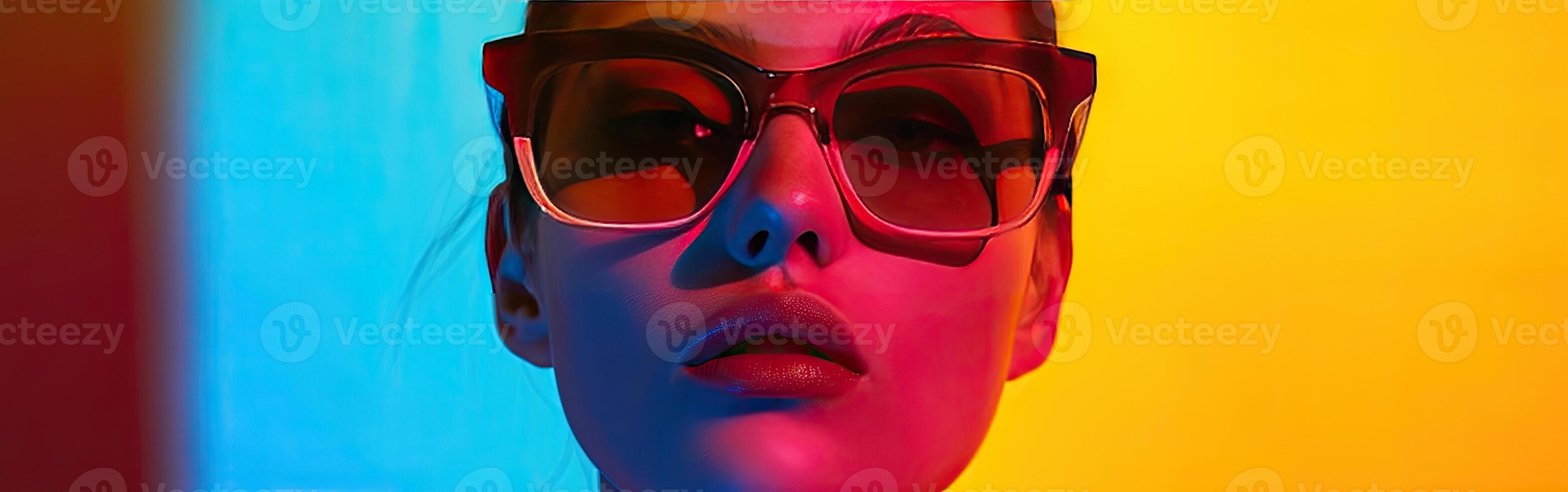 Woman Wearing Sunglasses With Rainbow Background photo